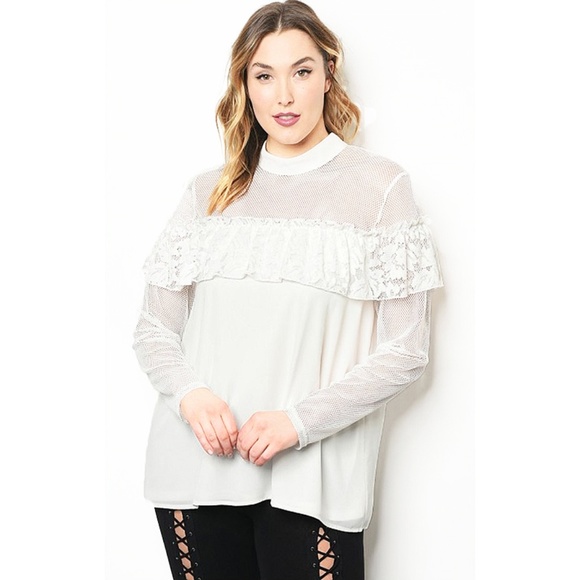 PLUS Ivory Victorian Gothic Lace Trim Chiffon Top - Picture 8 of 8